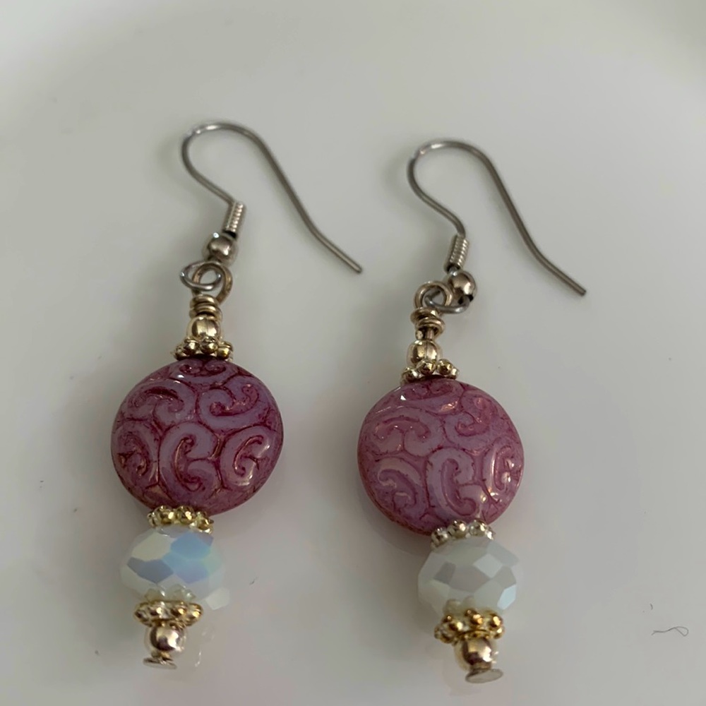Lavender Swirl and White Czech Earrings